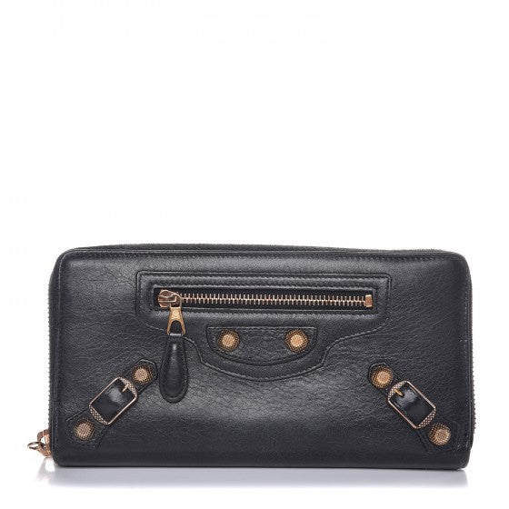 Agneau Giant 12 Rose Gold Hardware Continental Zip Around Wallet Black