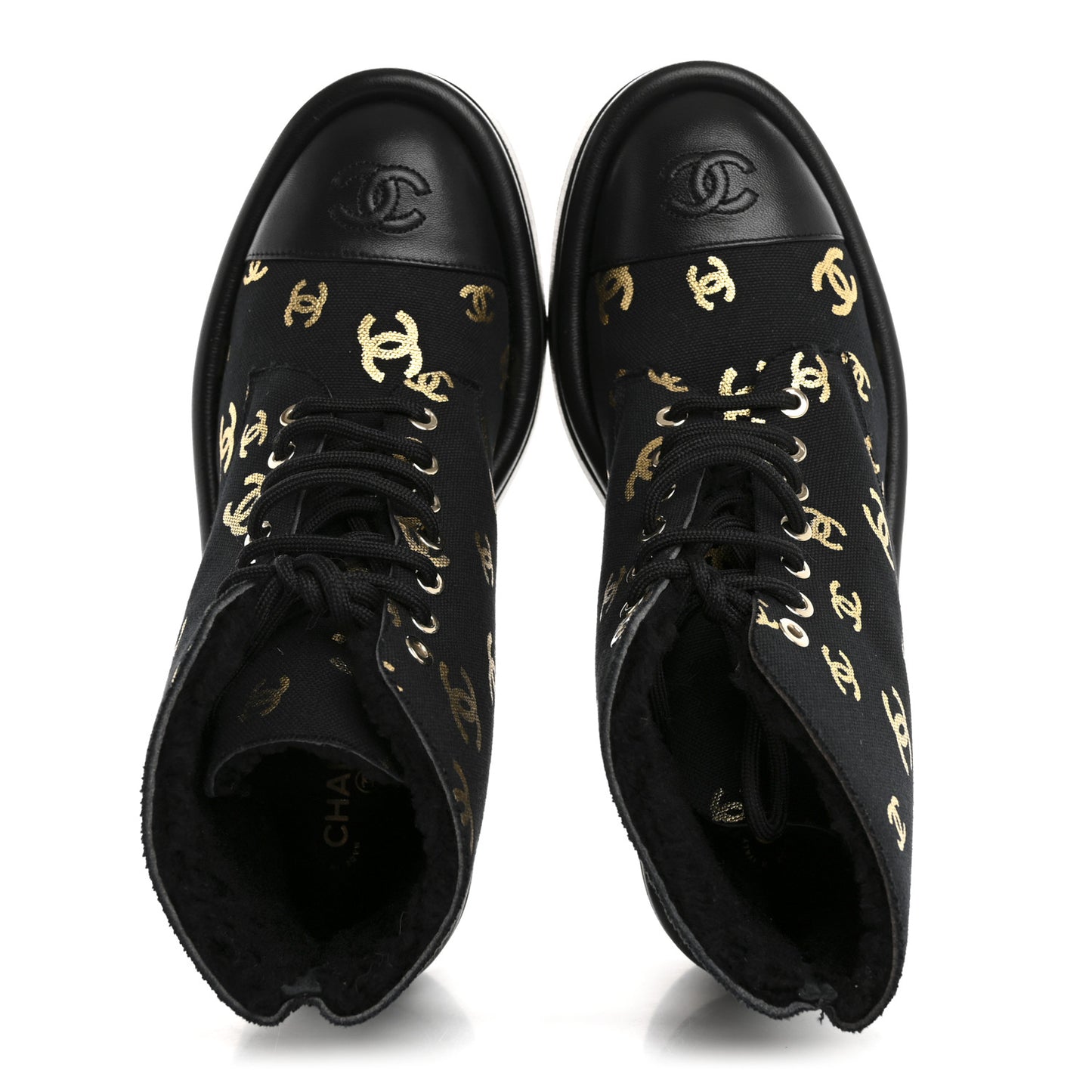 Lambskin Shearling Canvas CC Lace Up Boots 38.5 Black Gold