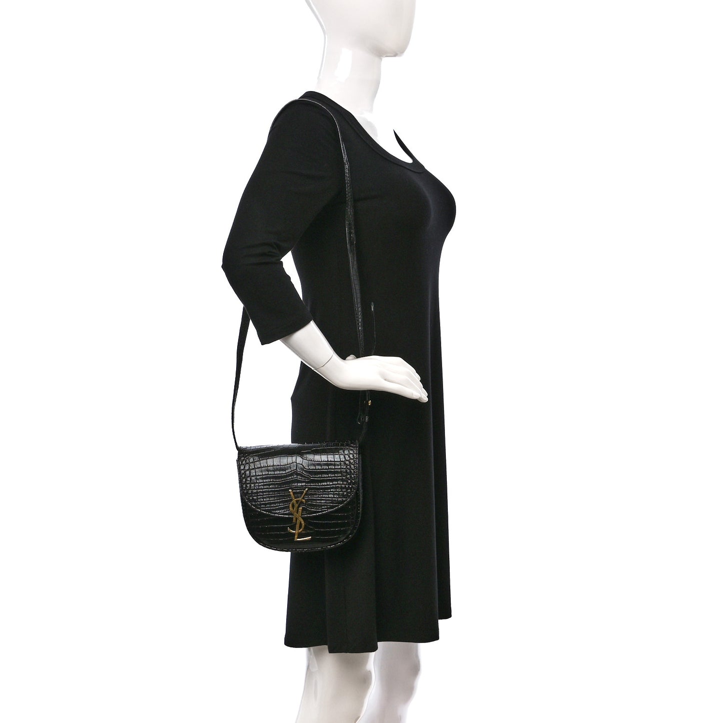 Crocodile Embossed Calfskin Small Kaia Satchel Black