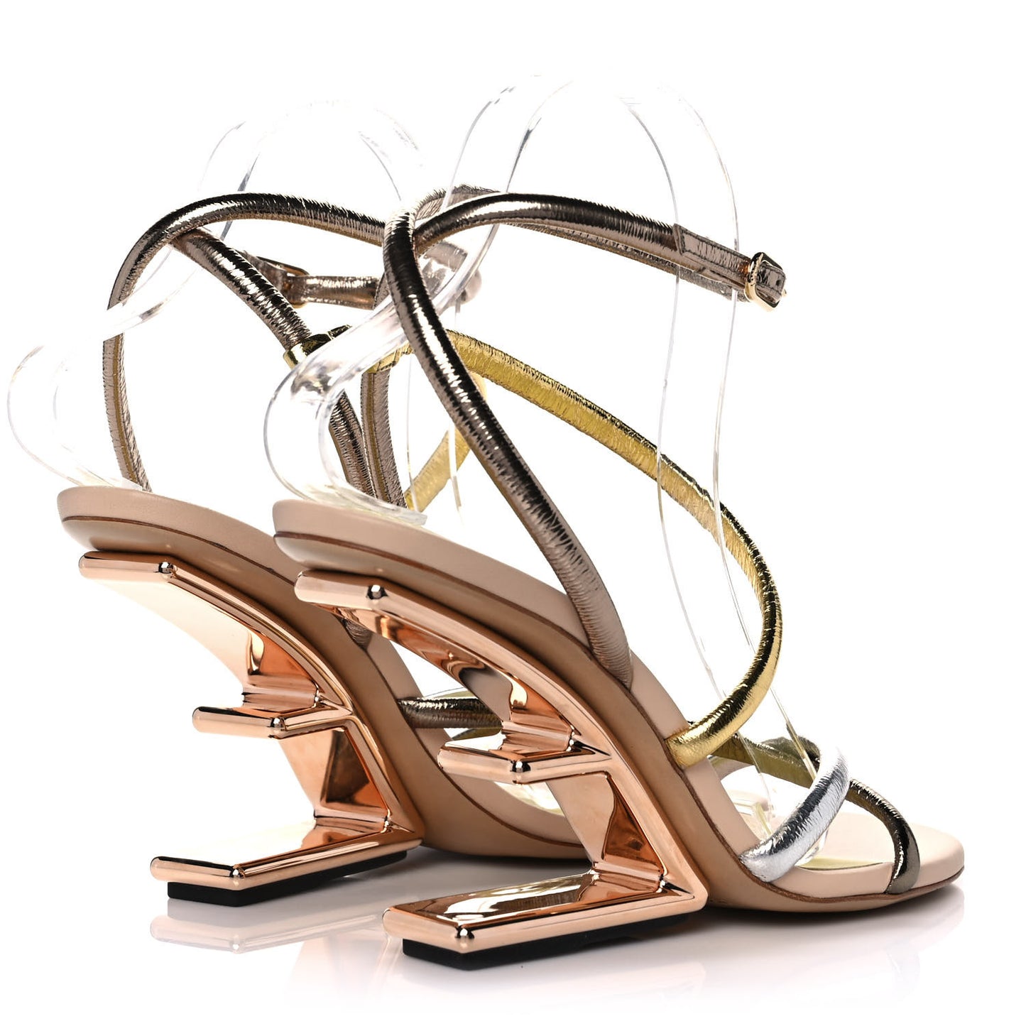 Metallic Nappa Fendi First 95mm Strappy Sandals 38 Argento Stagno Oro Champagne