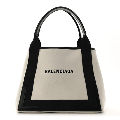 Balenciaga Cotton Canvas Satin Calfskin S Navy Cabas Natural Black 1 of 10