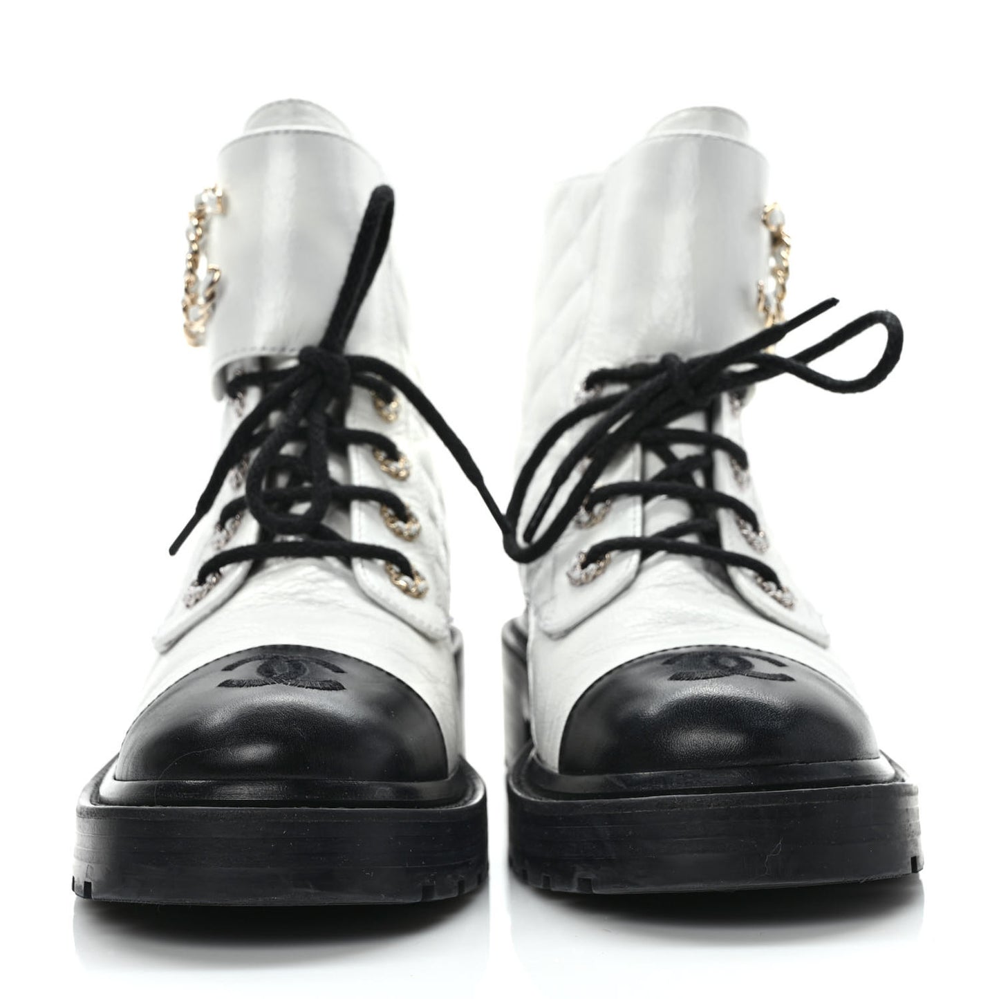 Shiny Lambskin Quilted Lace Up Combat Boots 37.5 White Black
