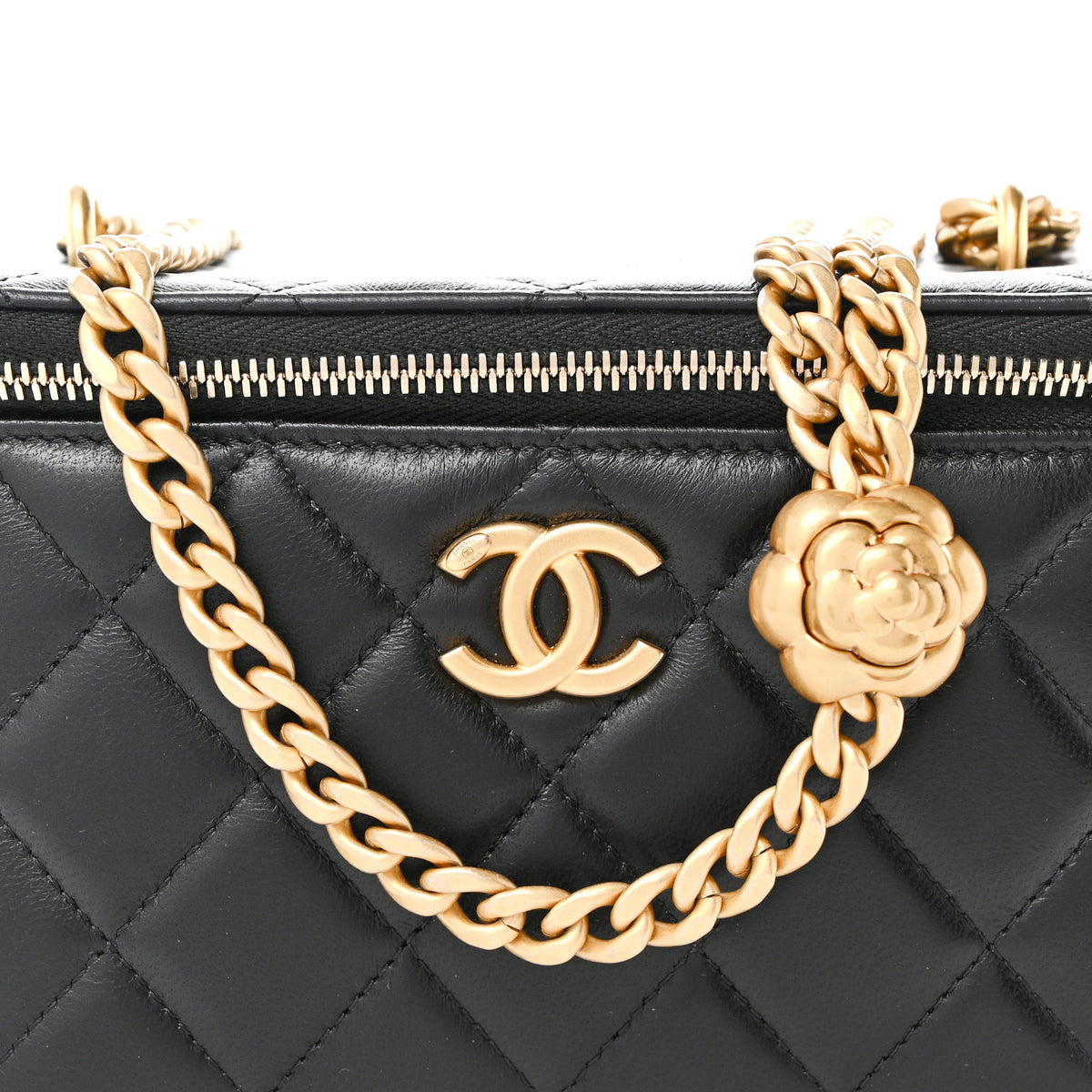 Lambskin Quilted Sweet Camellia Small Vanity Case With Chain Black
