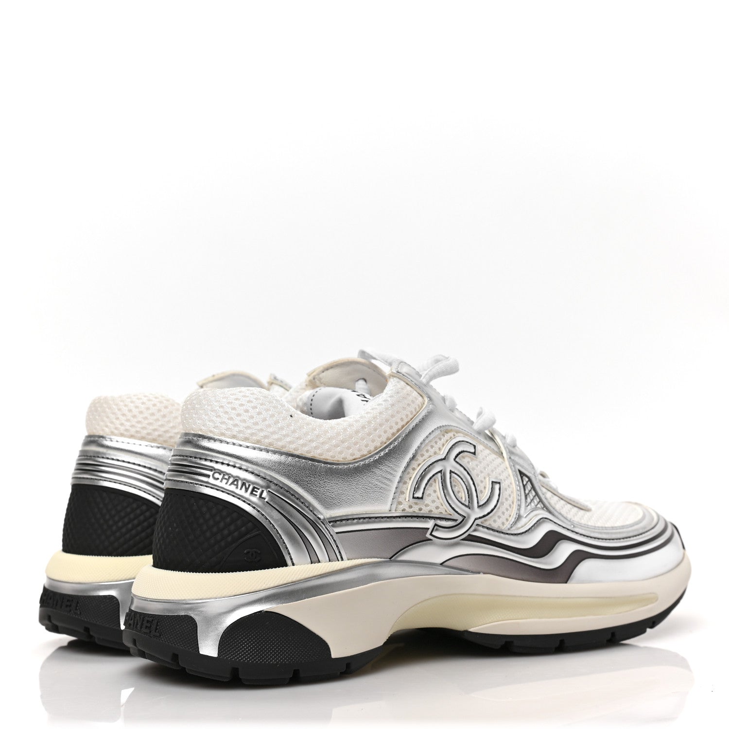 Chanel Fabric Laminated Calfskin Stretch CC Womens Sneakers 38 White Silver 4 of 6
