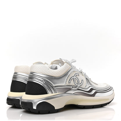 Chanel Fabric Laminated Calfskin Stretch CC Womens Sneakers 38 White Silver 4 of 6