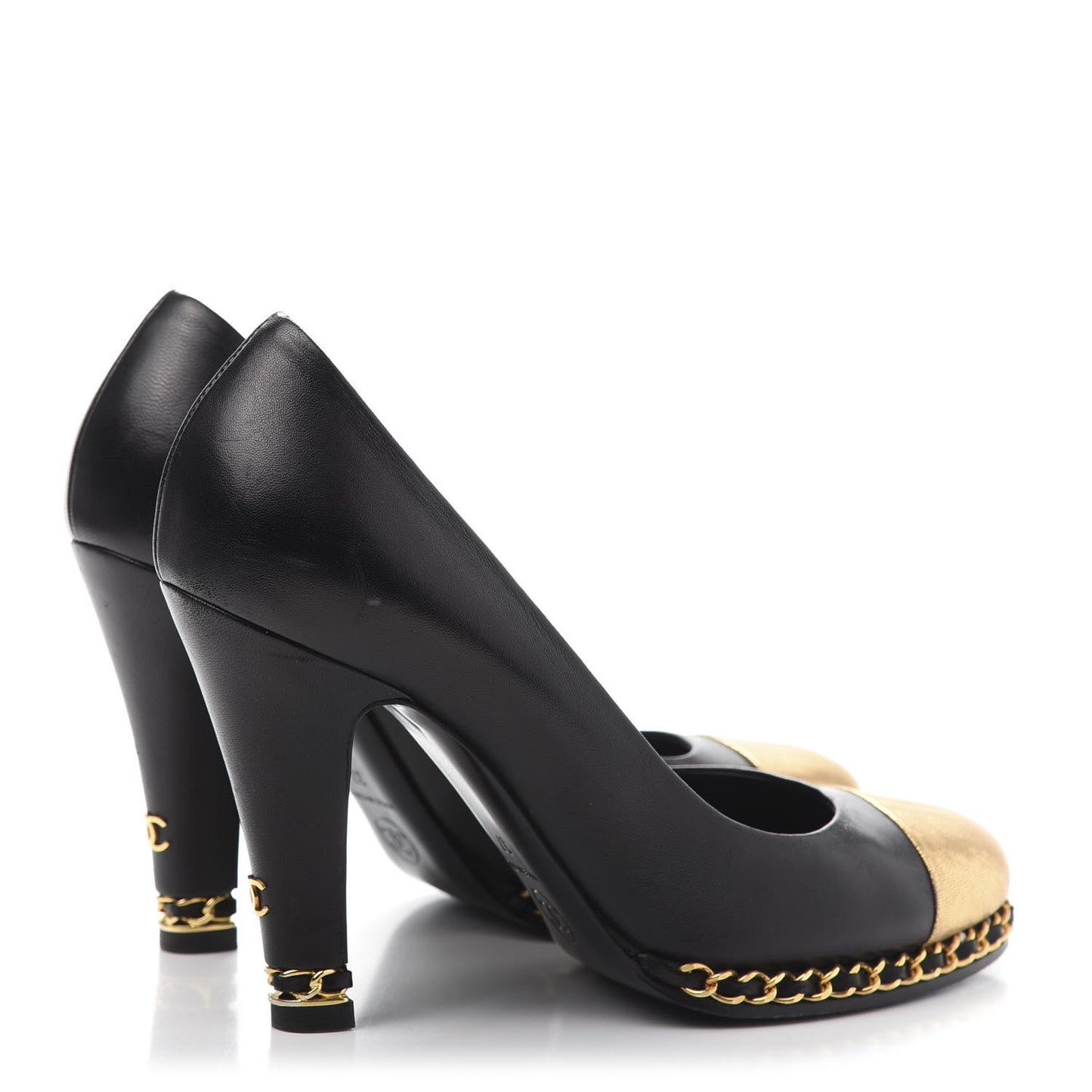 Lambskin Chain Around Cap Toe Pumps 37 Black Gold