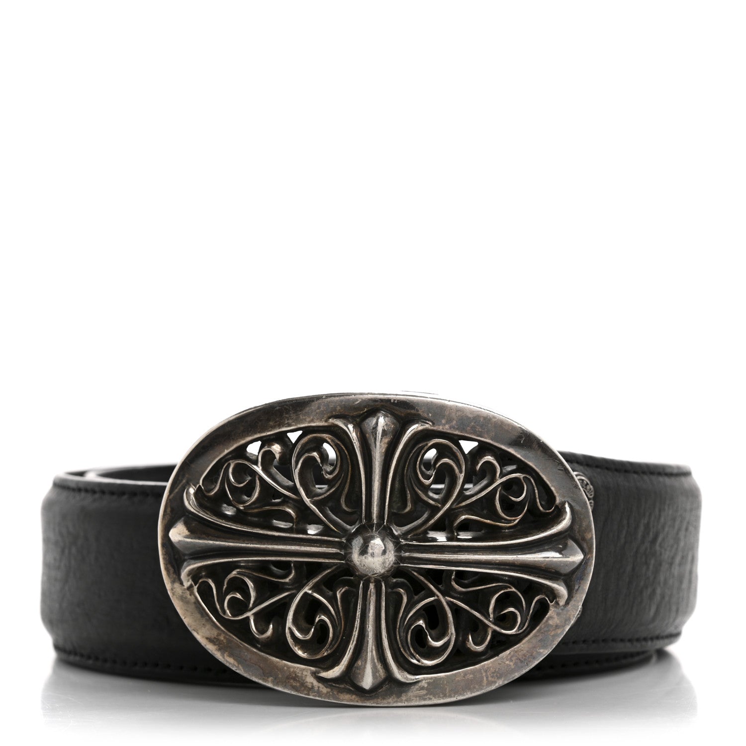 Chrome Hearts Calfskin Sterling Silver Cross Oval Belt 85 34 Black 1 of 9