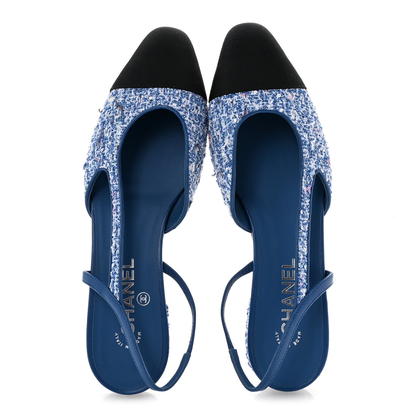 Tweed Grosgrain Cap Toe Slingback Flats 41 Blue White Black