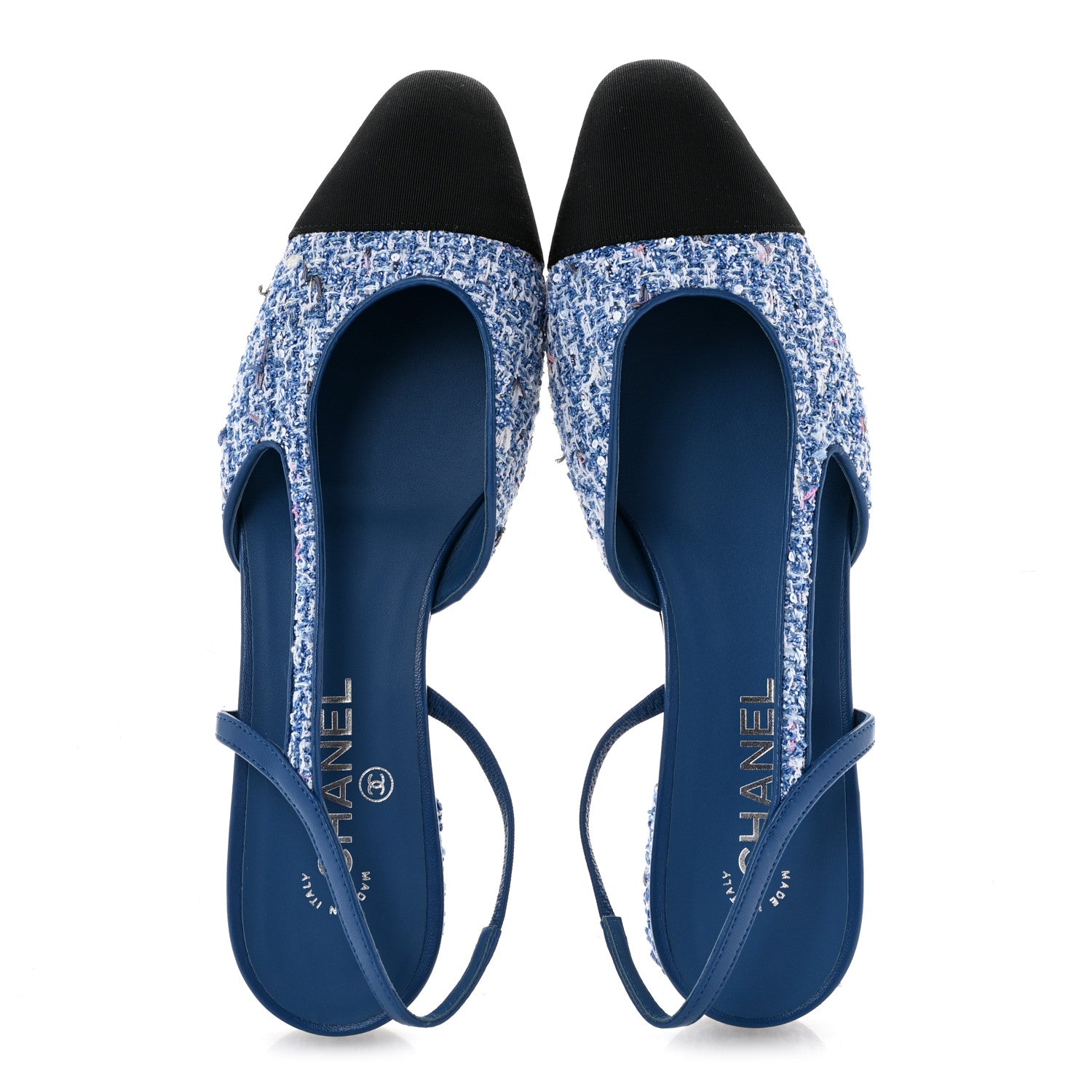Chanel Tweed Grosgrain Cap Toe Slingback Flats 41 Blue White Black 2 of 9