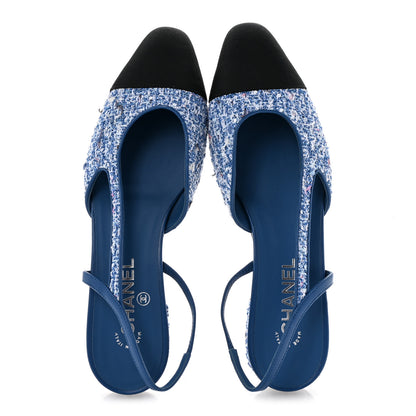 Chanel Tweed Grosgrain Cap Toe Slingback Flats 41 Blue White Black 2 of 9
