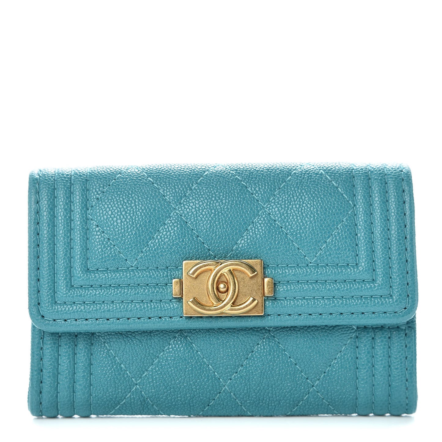 Caviar Quilted Boy Card Holder Wallet Turquoise