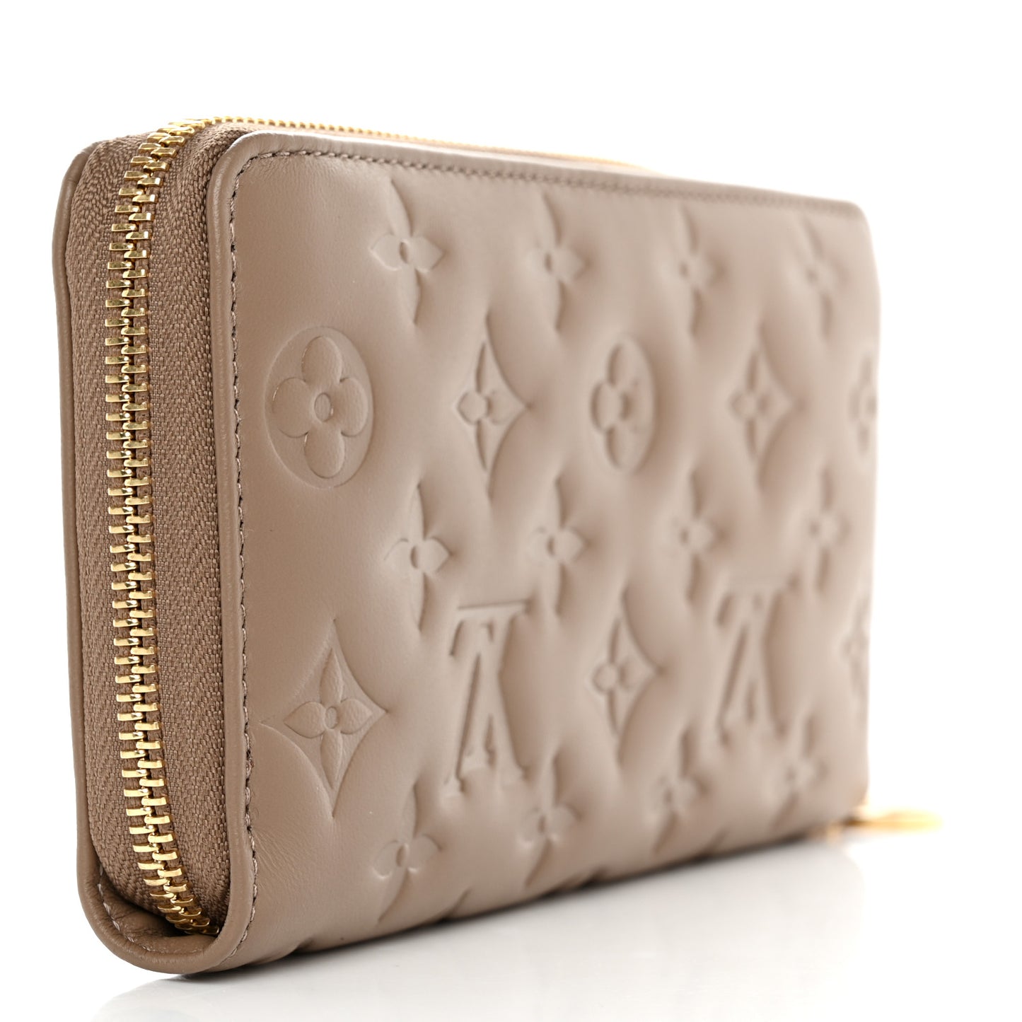 Lambskin Embossed Monogram Coussin Zippy Wallet Taupe