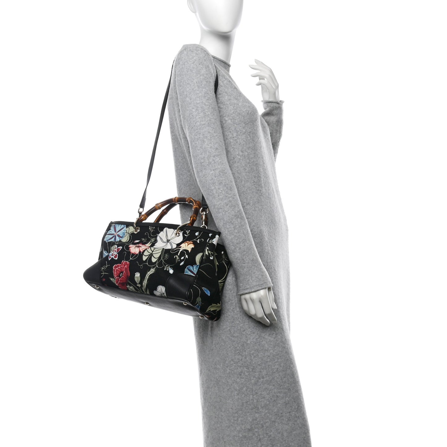 Canvas Cellarius Calfskin Flora Knight Medium Bamboo Shopper Tote Black