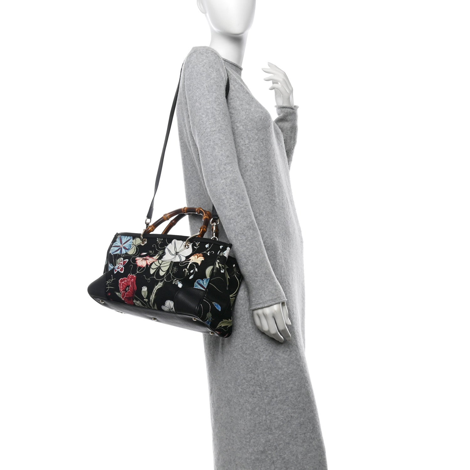 Gucci Canvas Cellarius Calfskin Flora Knight Medium Bamboo Shopper Tote Black 2 of 12