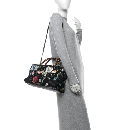 Gucci Canvas Cellarius Calfskin Flora Knight Medium Bamboo Shopper Tote Black 2 of 12