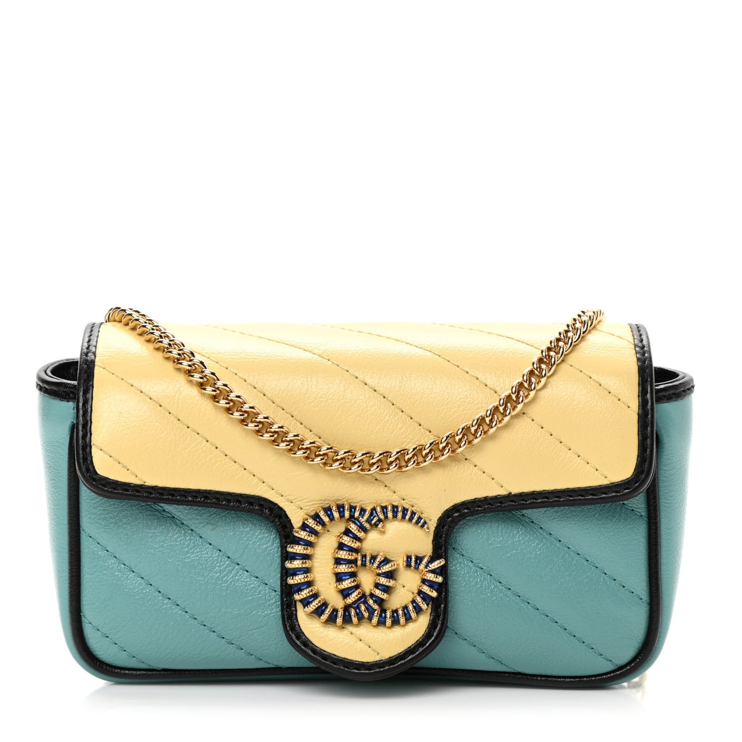 Azalea Calfskin Enamel Matelasse Diagonal Super Mini Torchon GG Marmont Shoulder Bag Butter Dusty Azure Black Electric Blue