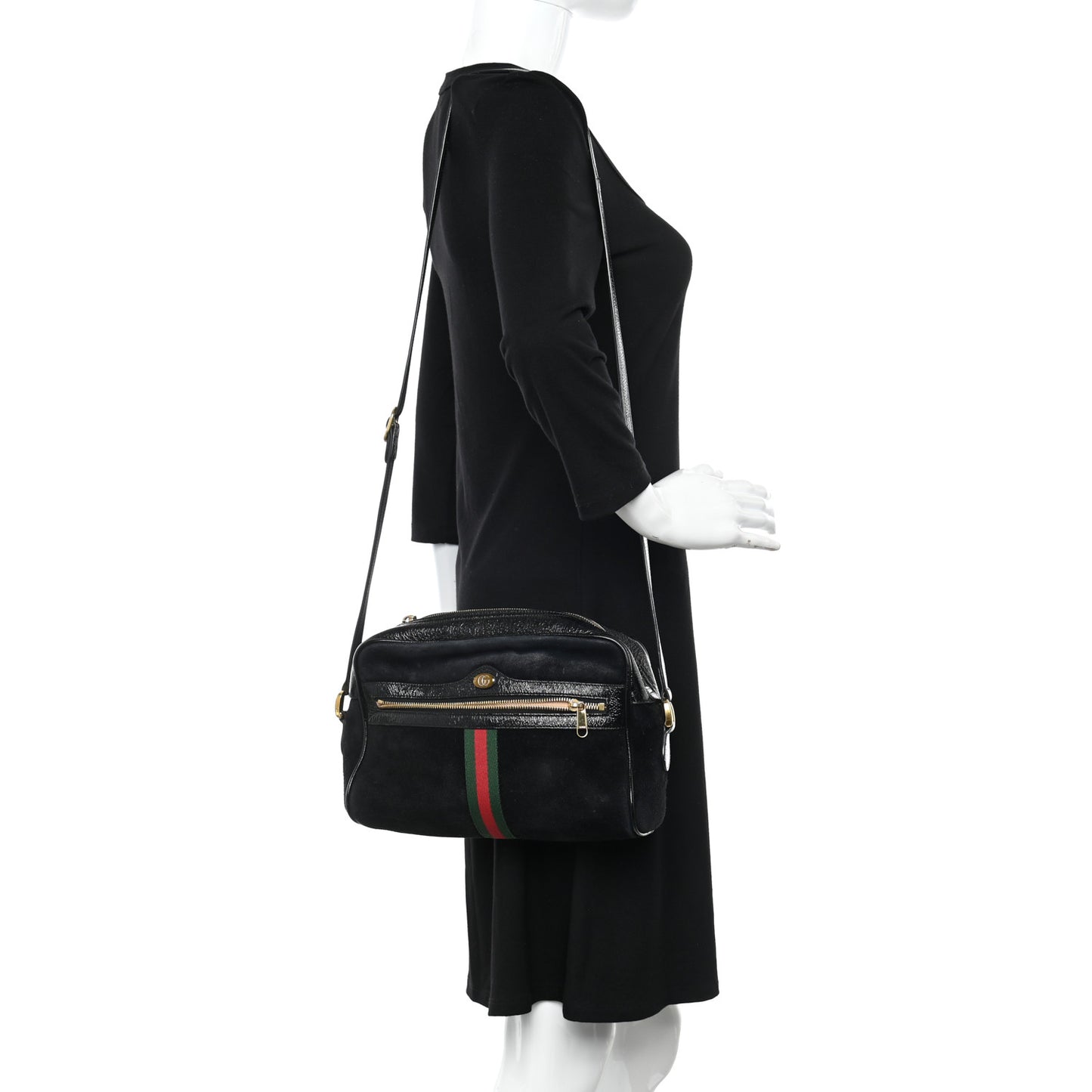 Suede Patent Web Small Ophidia Shoulder Bag Black