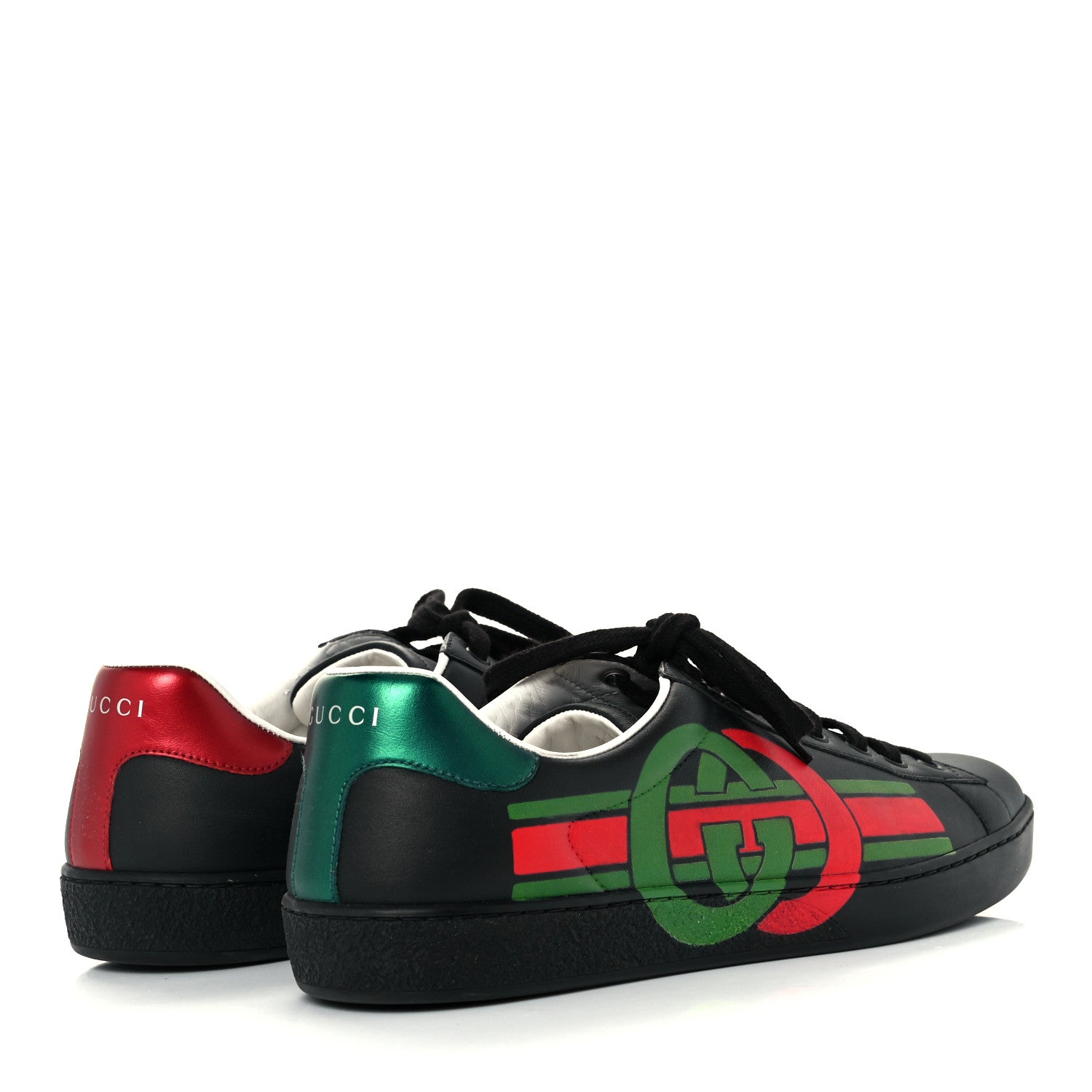 Gucci Calfskin Interlocking G Mens New Ace Sneakers 8 Black Red Flame Green 4 of 10