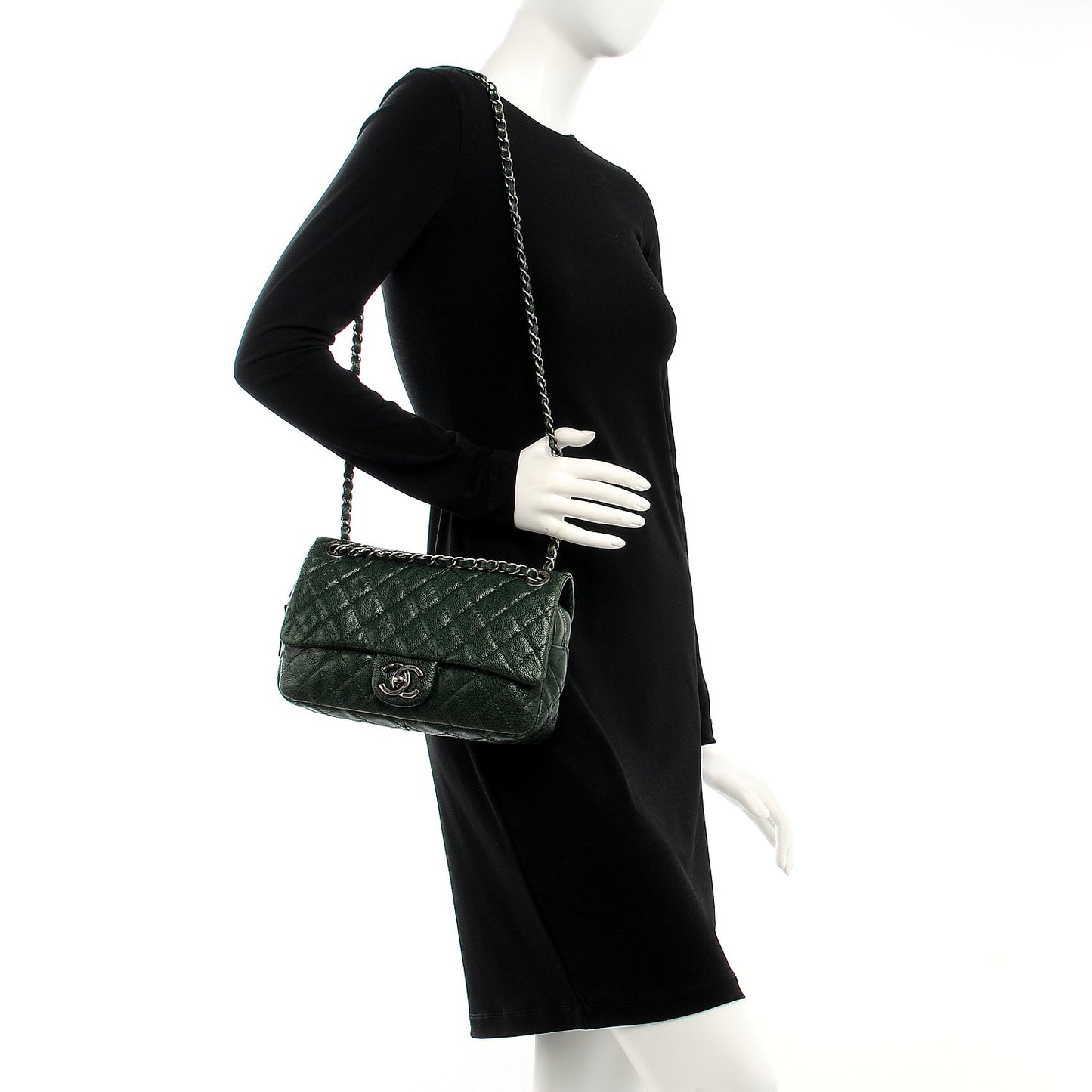 Iridescent Caviar Quilted Small Chic Flap Dark Green