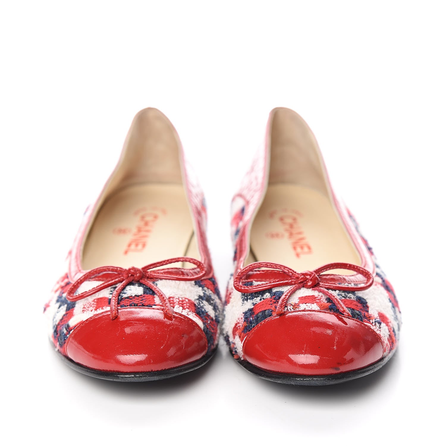 Chanel Tweed Crinkled Patent Cap Toe Ballerina Flats 39 Red 2 of 10