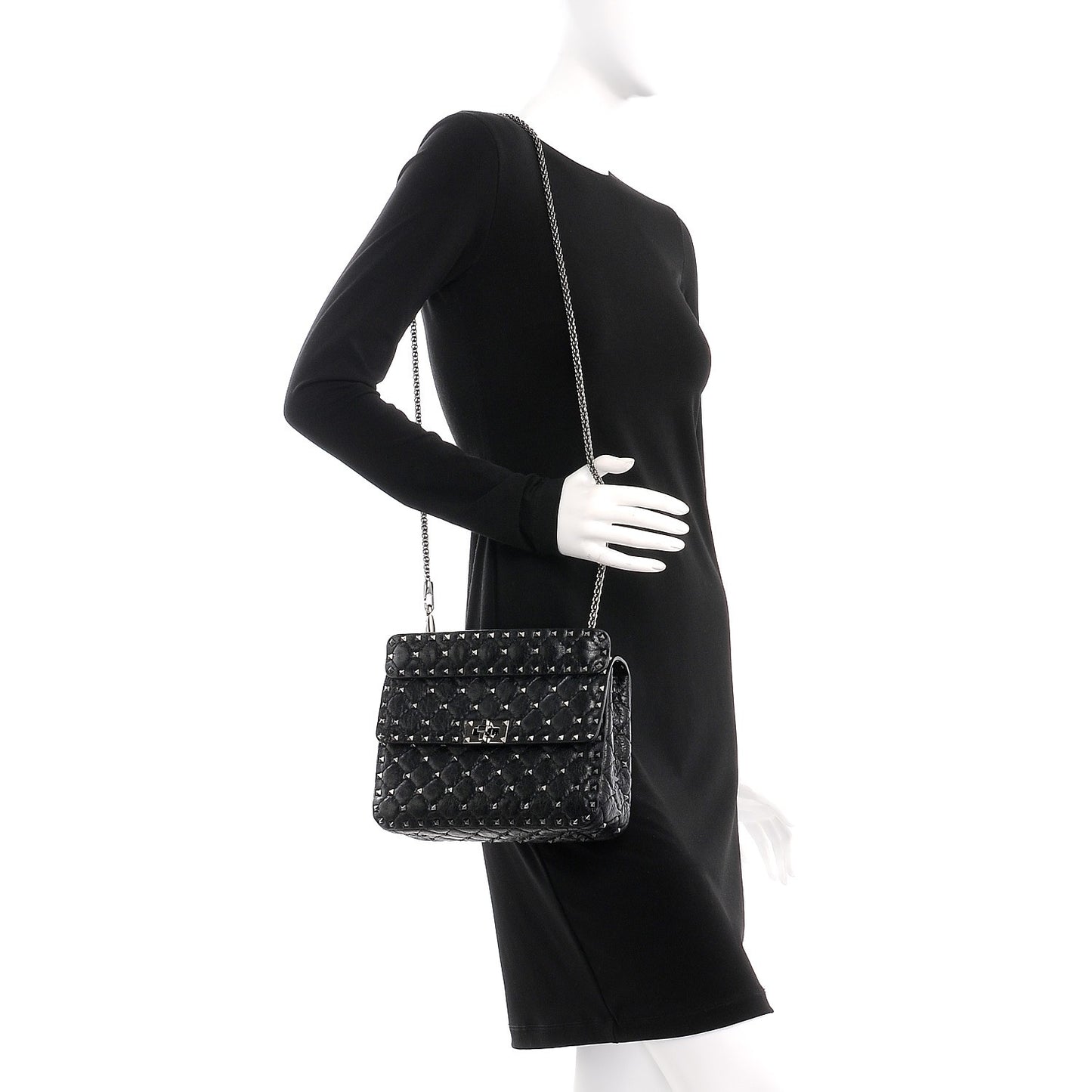 Craquele Nappa Medium Rockstud Spike Shoulder Bag Black