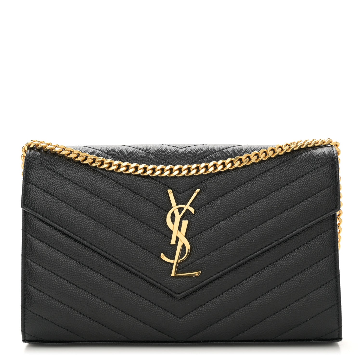 Saint Laurent Grain De Poudre Matelasse Chevron Monogram Chain Wallet Black 1 of 11