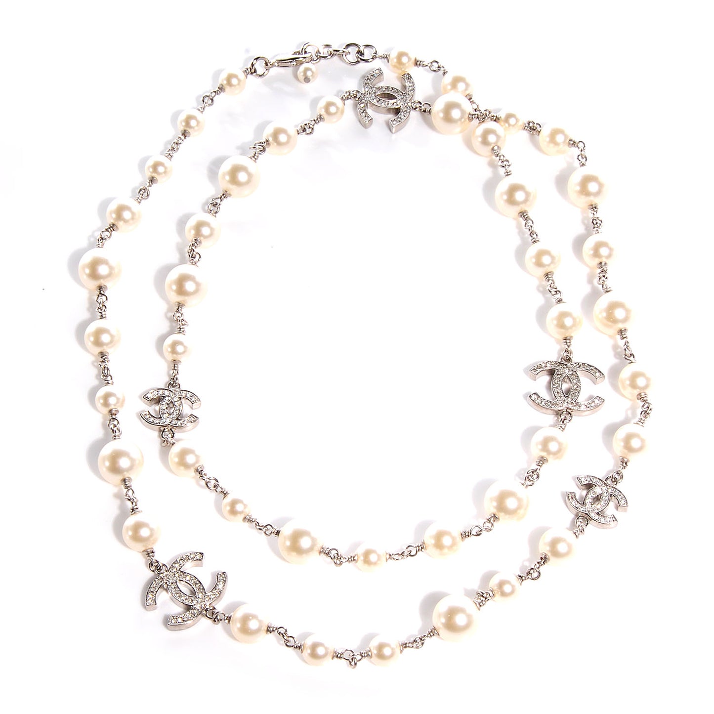 Crystal Pearl CC Long Necklace Silver