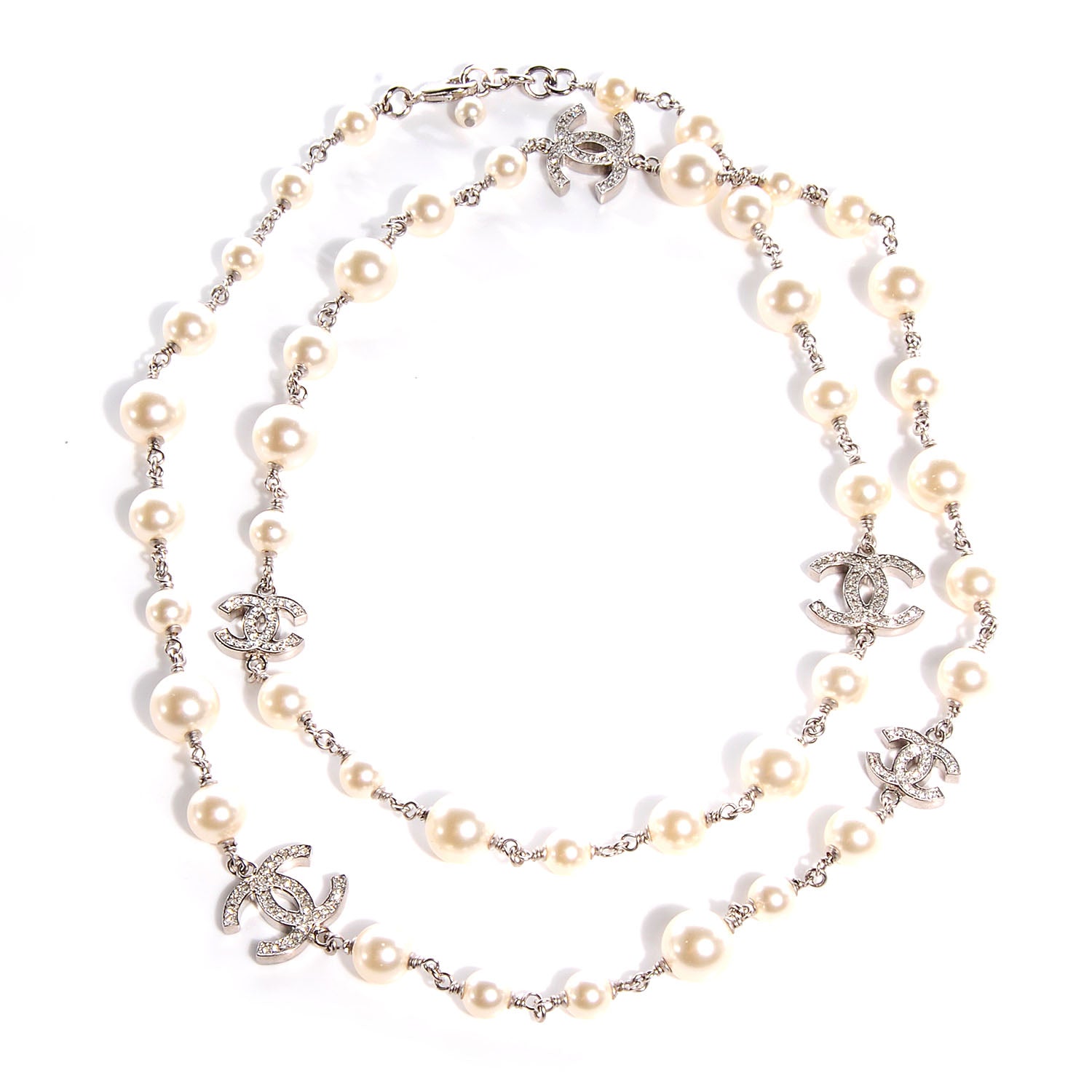 Chanel Crystal Pearl CC Long Necklace Silver 1 of 6