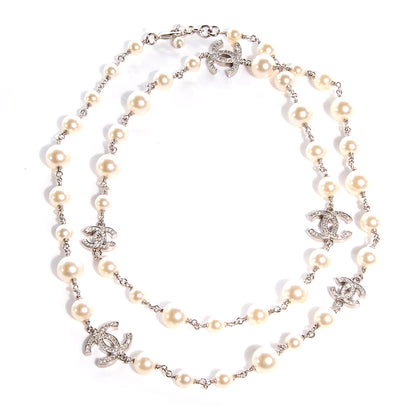 Chanel Crystal Pearl CC Long Necklace Silver 1 of 6