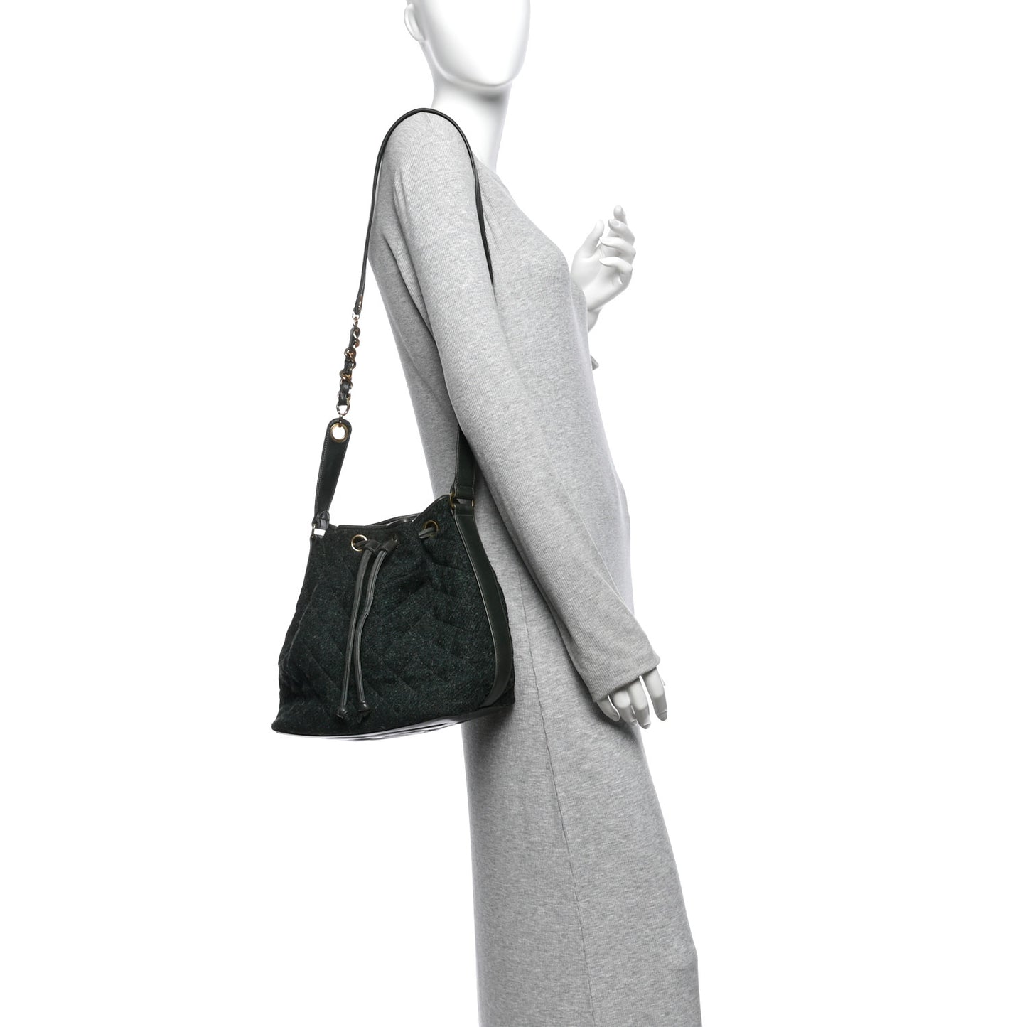 Calfskin Tweed Medium CC Chain Bucket Drawstring Bag Green