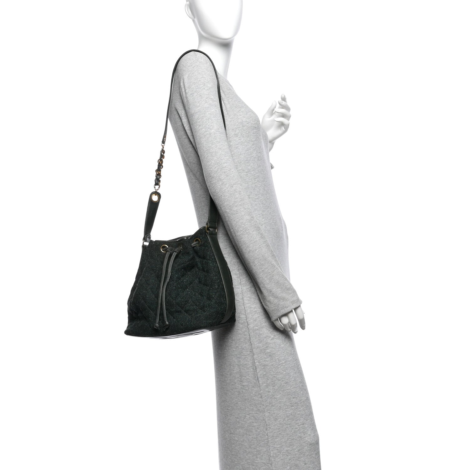 Chanel Calfskin Tweed Medium CC Chain Bucket Drawstring Bag Green 2 of 12