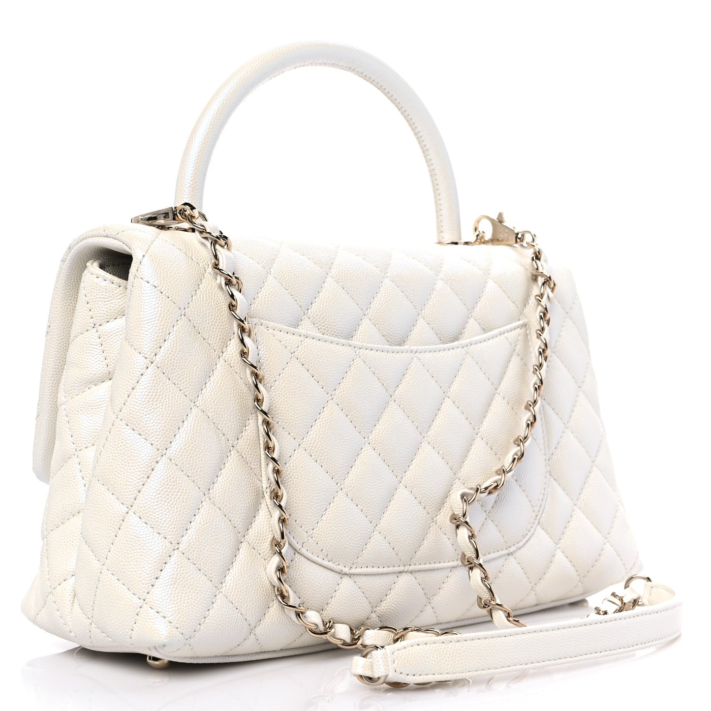 Iridescent Caviar Quilted Small Coco Handle Flap White