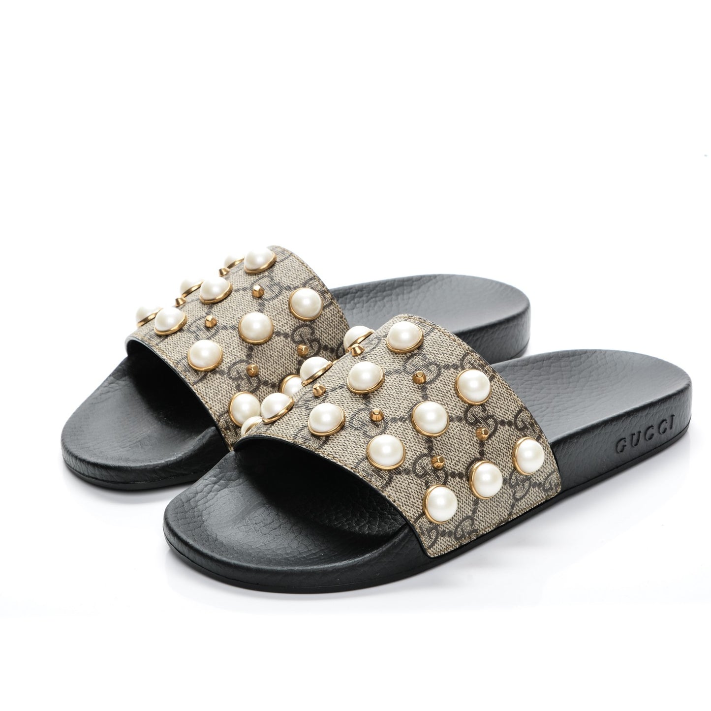 GG Supreme Monogram Pearls Slide Sandals 37 Beige
