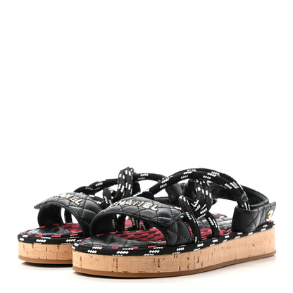 Chanel Cord Lambskin Quilted Logo Sandals 39 Black White 3 of 7