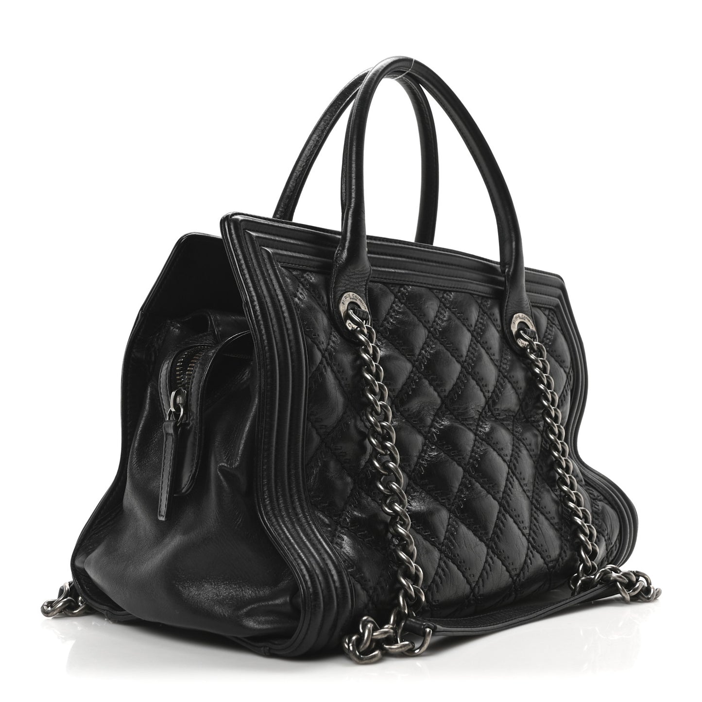 Calfskin Quilted Double Stitch Large Boy Tote Black