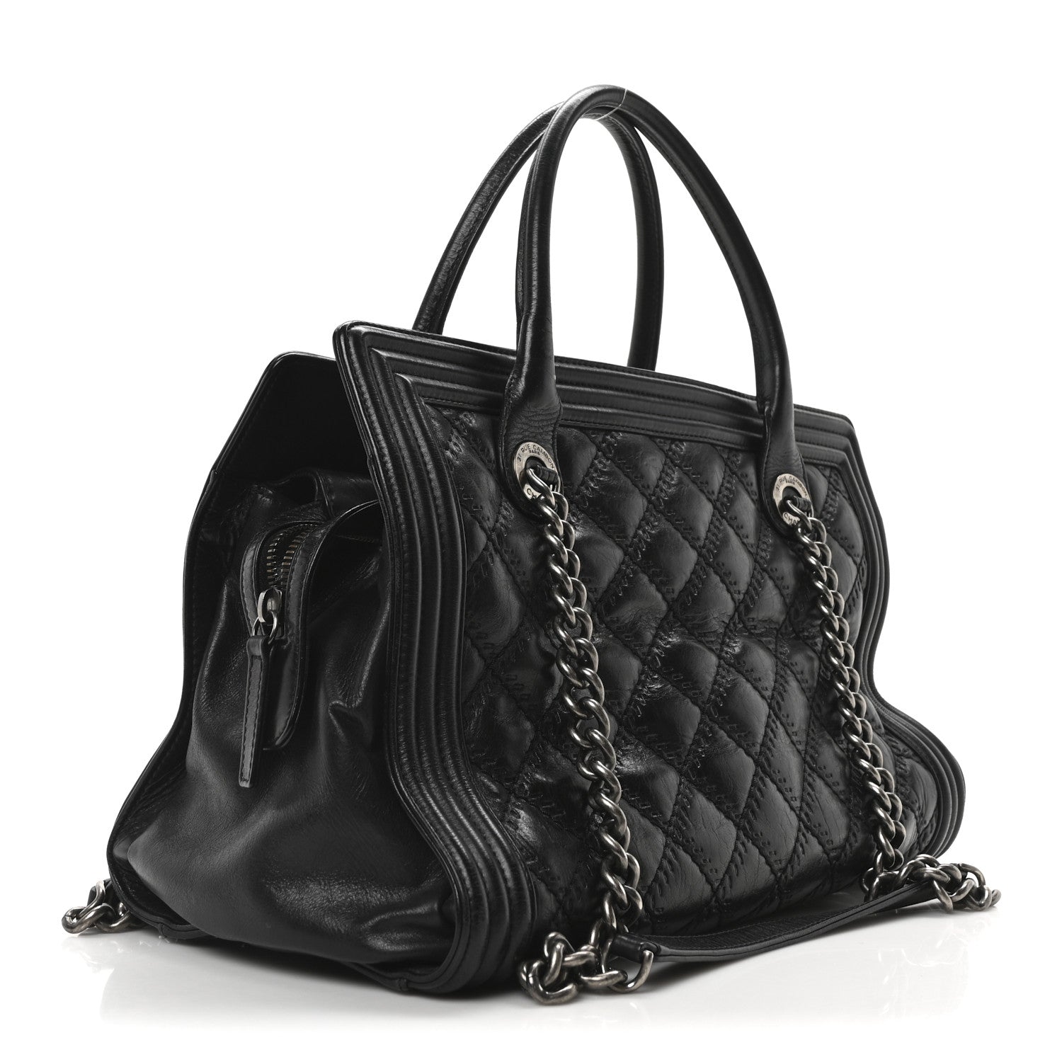 Chanel Calfskin Quilted Double Stitch Large Boy Tote Black 3 of 10