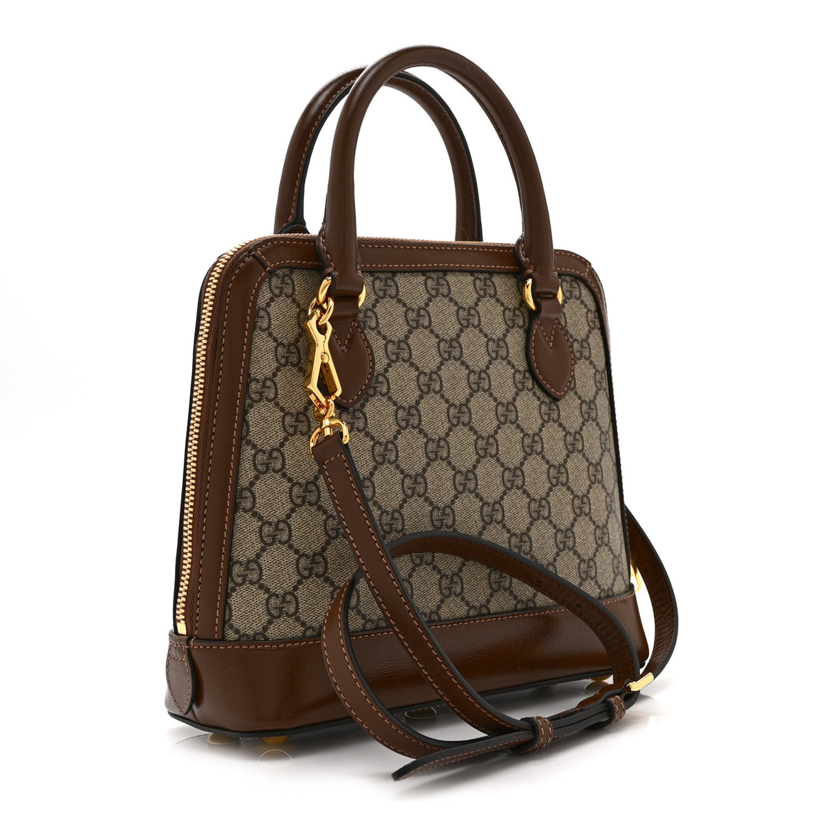 GG Supreme Monogram Azalea Calfskin Small Horsebit 1955 Top Handle Bag Beige Ebony Brown Sugar