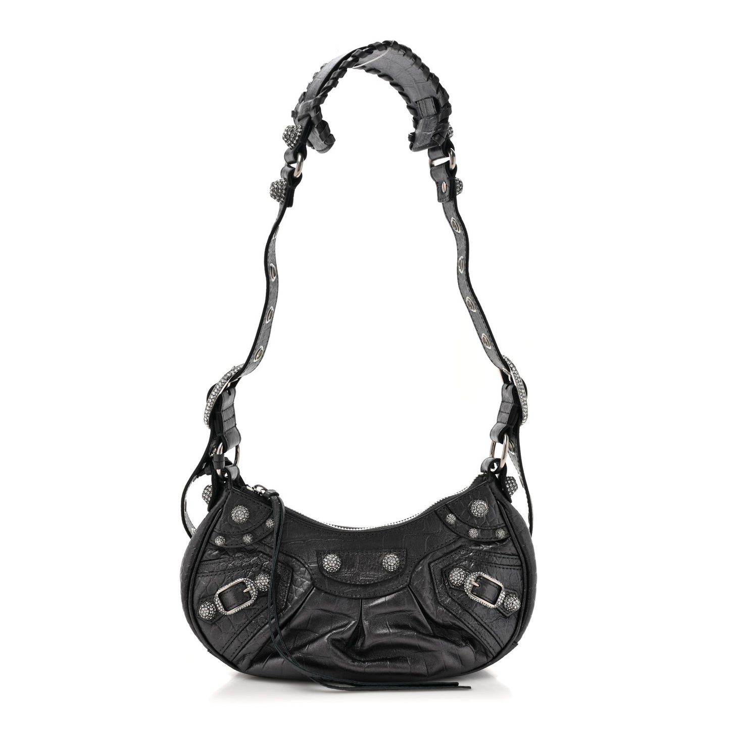 Metallic Calfskin Crocodile Embossed Crystal Le Cagole Shoulder Bag XS Gunmetal