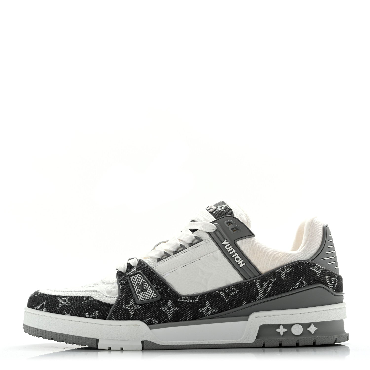Louis Vuitton Calfskin Embossed Monogram Denim Mens LV Trainer Sneakers 11 Grey 1 of 10