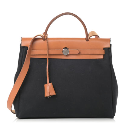 Hermes Toile Vache Calfskin Herbag 30 PM Black Natural 3 of 21