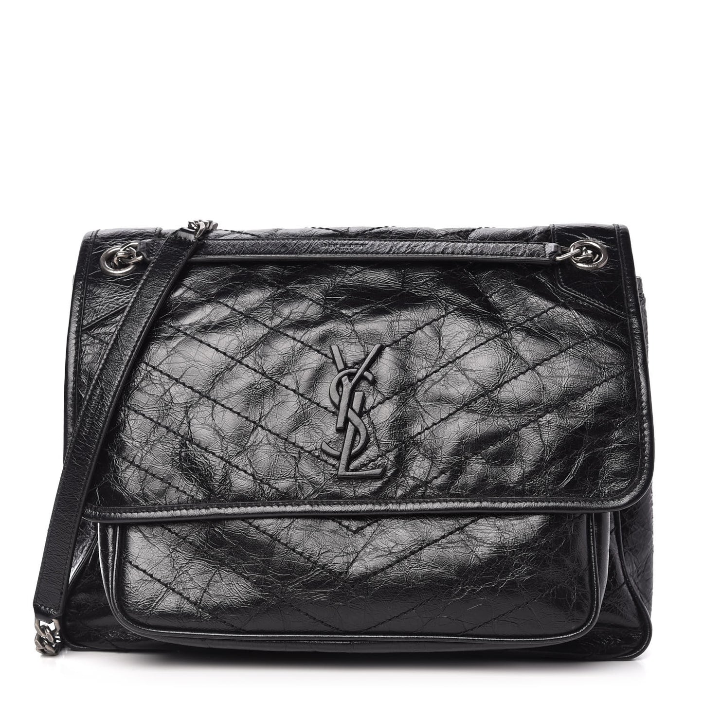 Crinkled Calfskin Matelasse Monogram Large Niki Chain Satchel Black