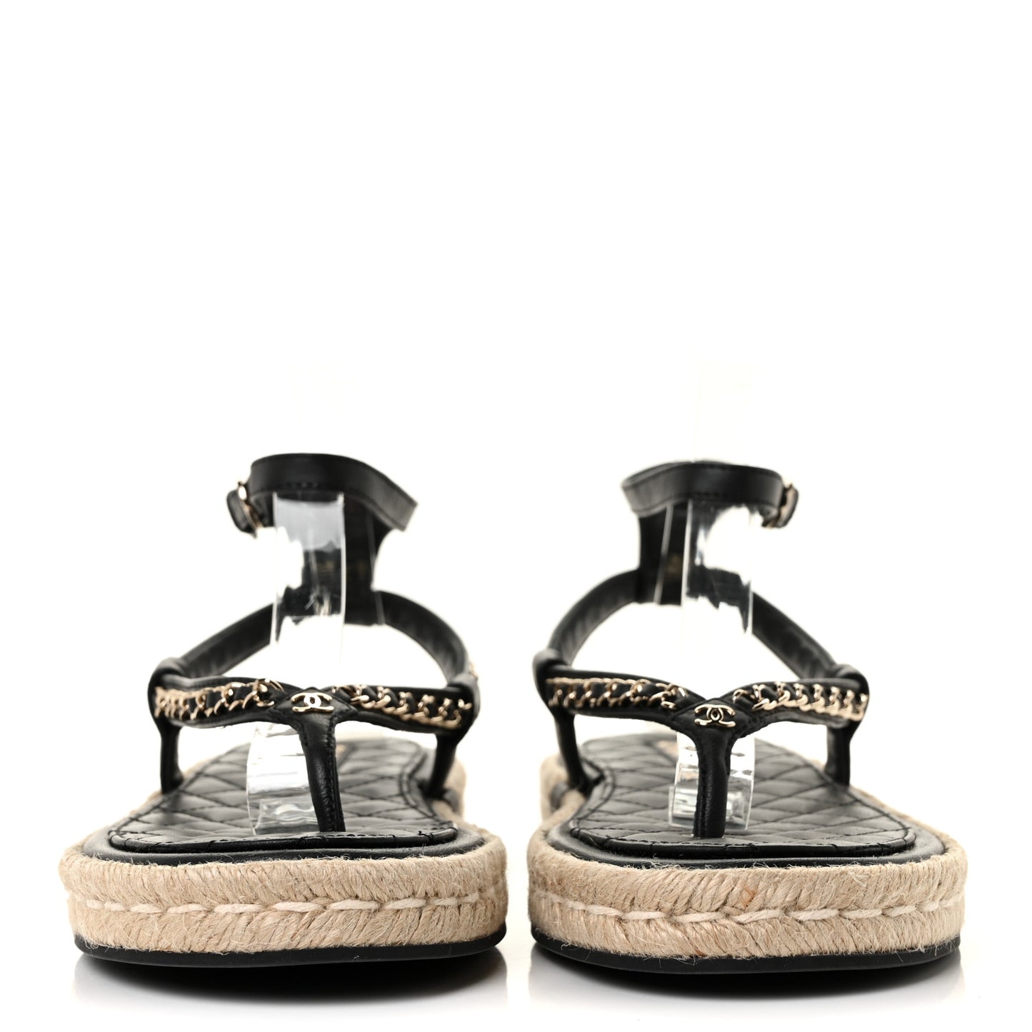 Lambskin Chain CC Thong Espadrille Sandals 41 Black