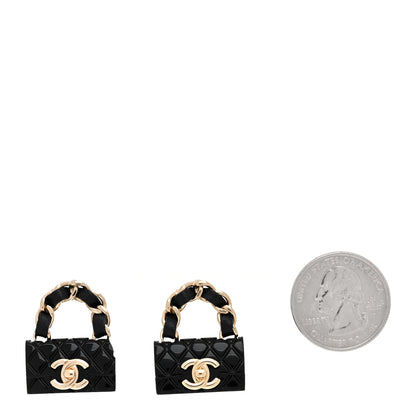 Chanel Metal Resin Lambskin Quilted CC Turnlock Chain Flap Bag Earrings Black Gold 2 of 8