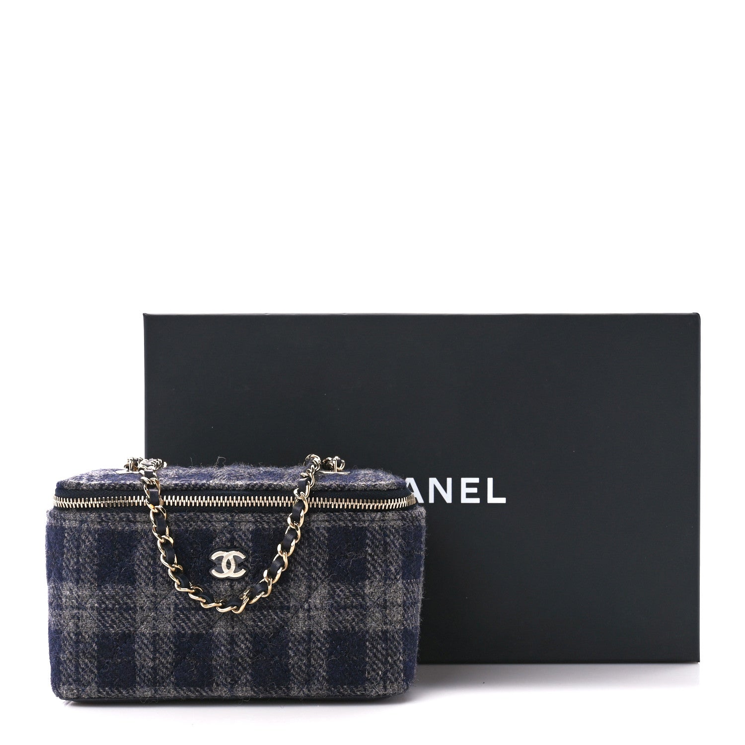 Chanel Wool Plaid Quilted Small Vanity Case With Chain Blue 11 of 11
