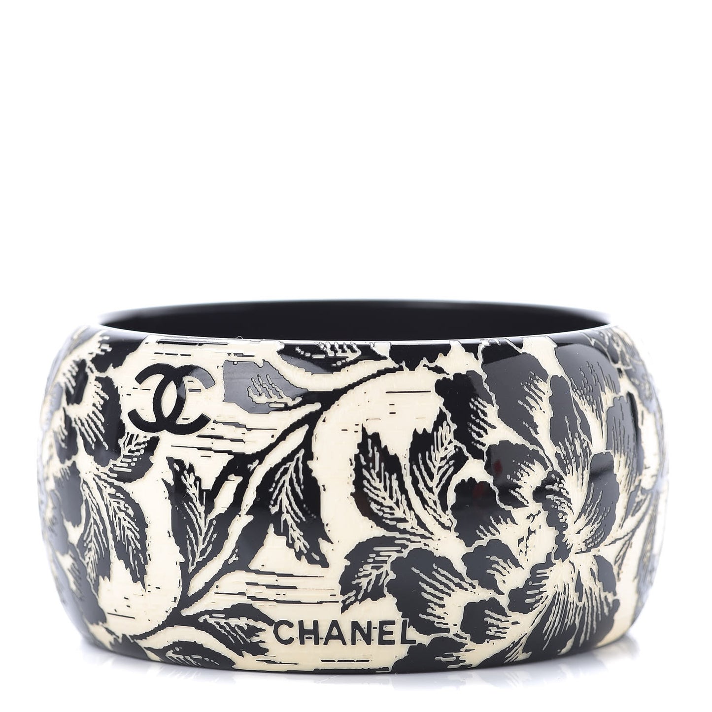 Resin Laser Etched Floral Bangle Black Cream