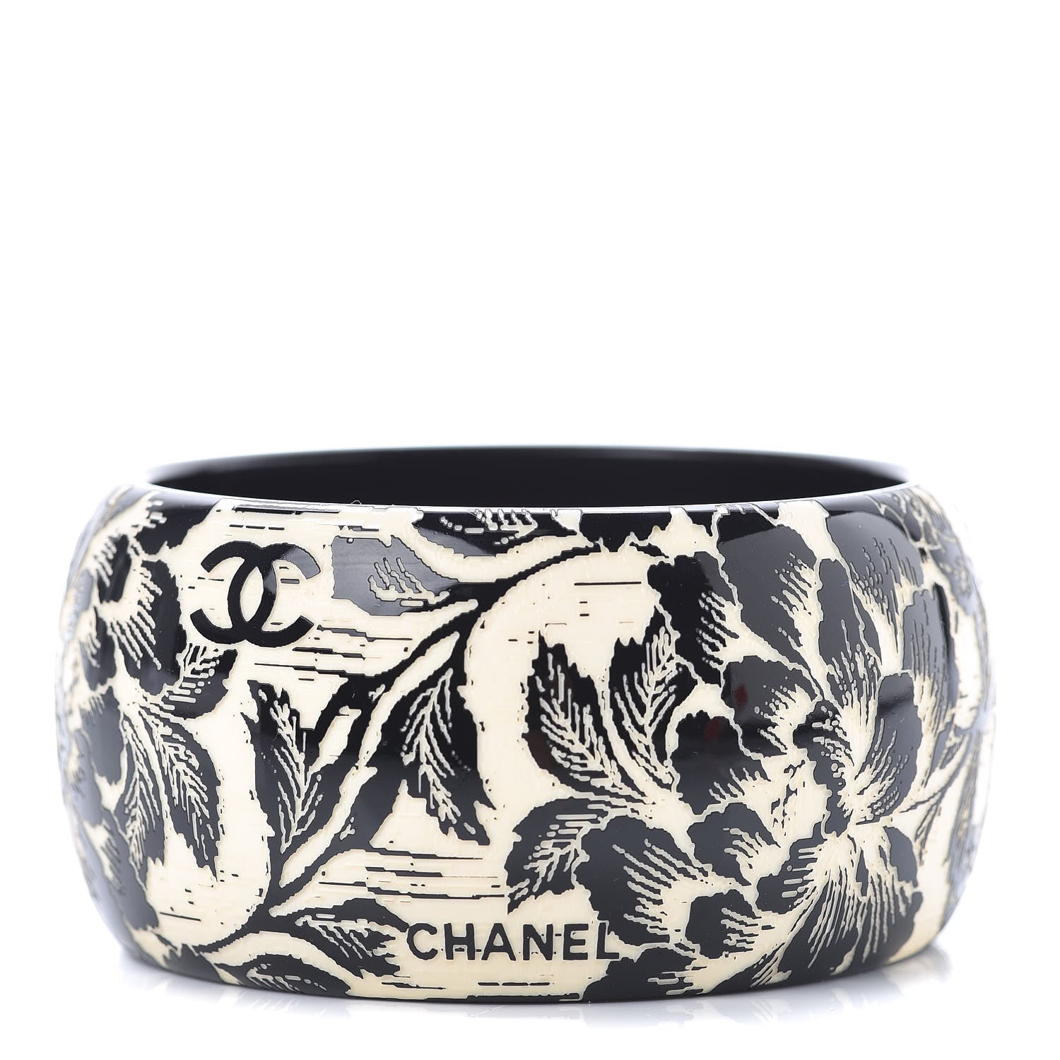Chanel Resin Laser Etched Floral Bangle Black Cream 3 of 5