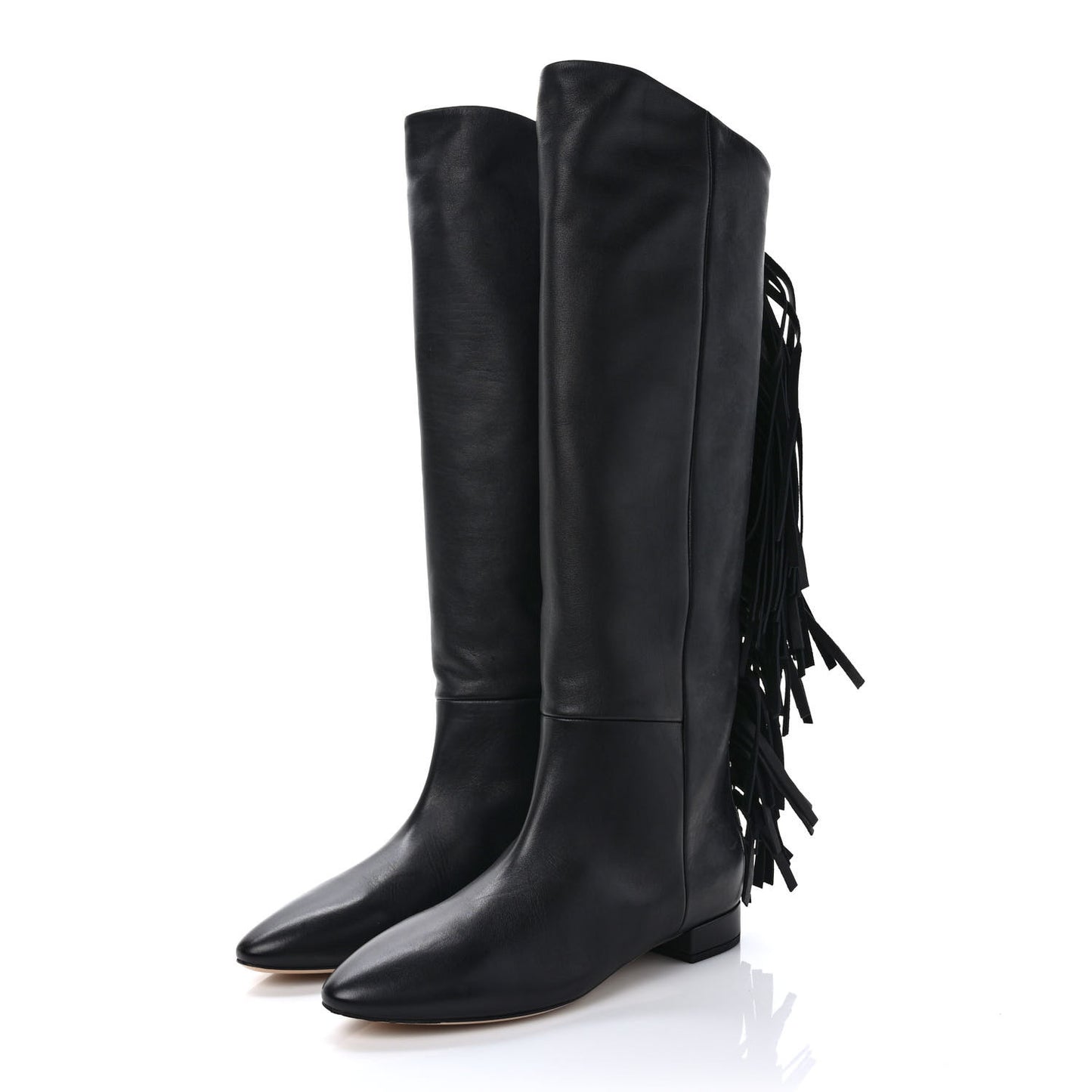 Calfskin Dana Knee High Fringed Boots 36 Black