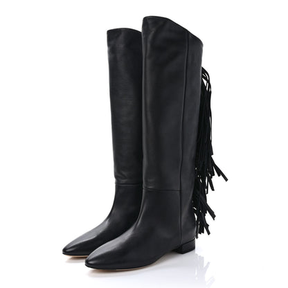 Saint Laurent Calfskin Dana Knee High Fringed Boots 36 Black 3 of 8