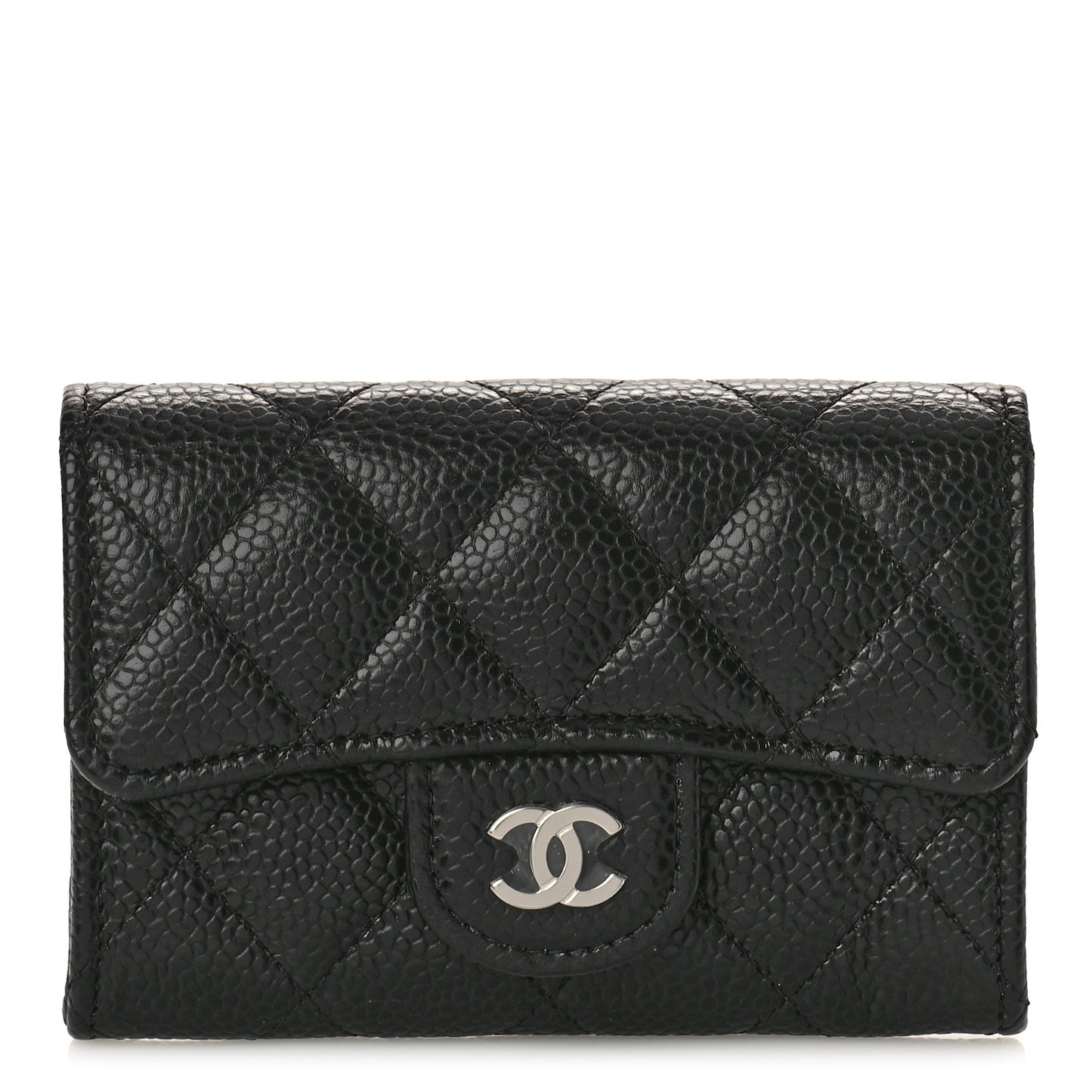 Caviar Quilted Flap Card Holder Wallet Black