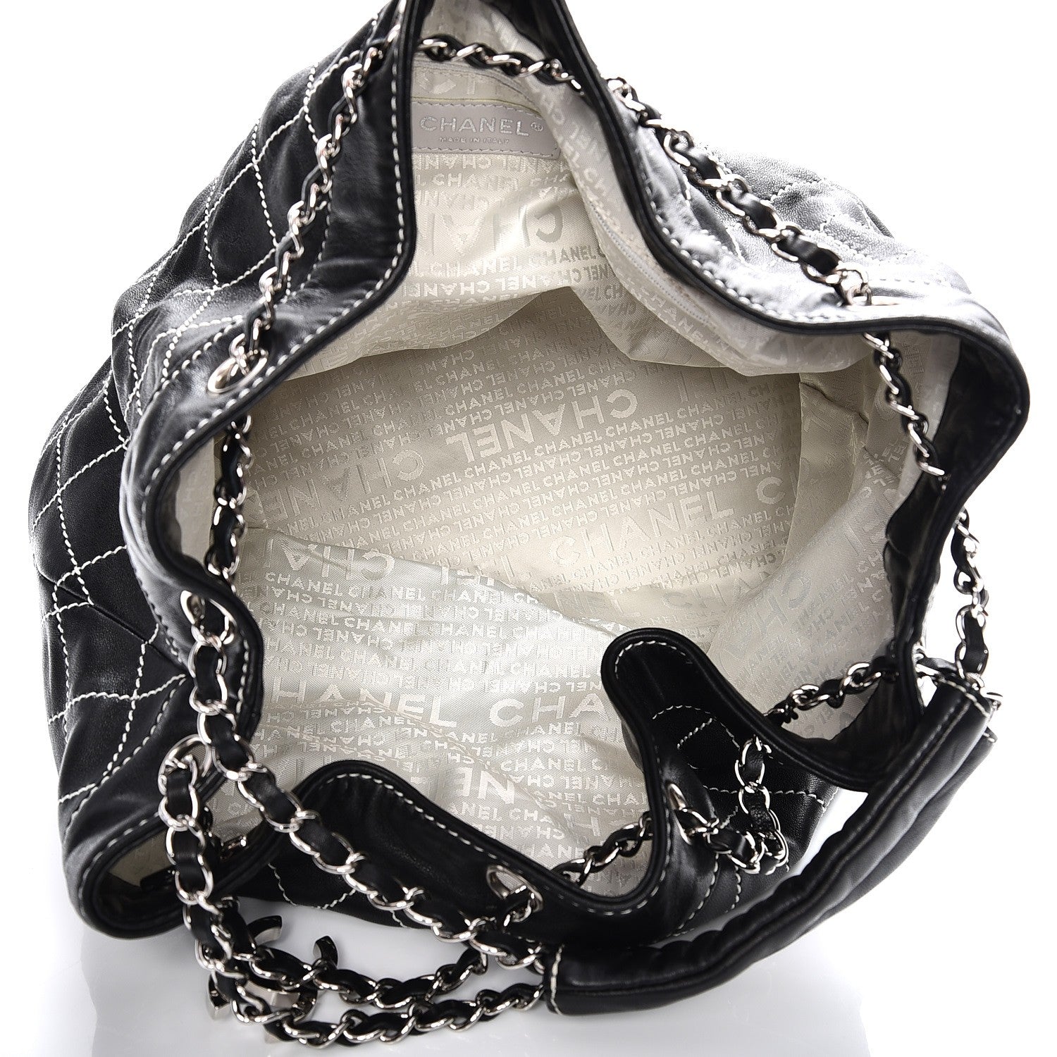 Chanel Lambskin Contrast Stitch Large Drawstring Tote Black 5 of 7